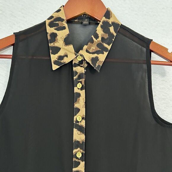 Edge Top Women M Black Leopard Gold Button Sheer Collar Office Party Maximalist - Picture 8 of 12